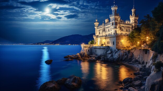 Photo swallows nest at night in the moonlight