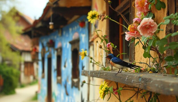 Photo swallows returning to a quaint romanian village adorned with martisor decorations to welcome spring