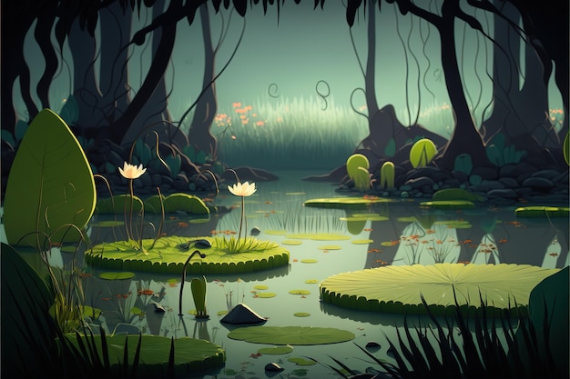 Swamp cartoon landscape forest background with marsh and lake\
ai