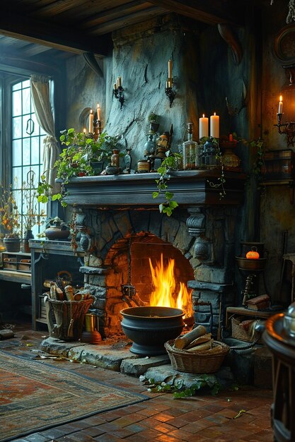 Swamp cottage interior fireplace with cauldron