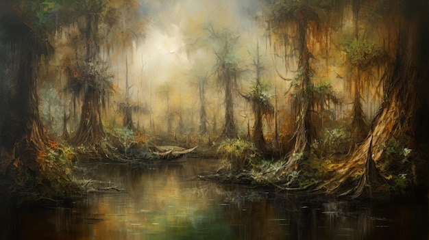 Swamp Oil Painting With Layered Texture