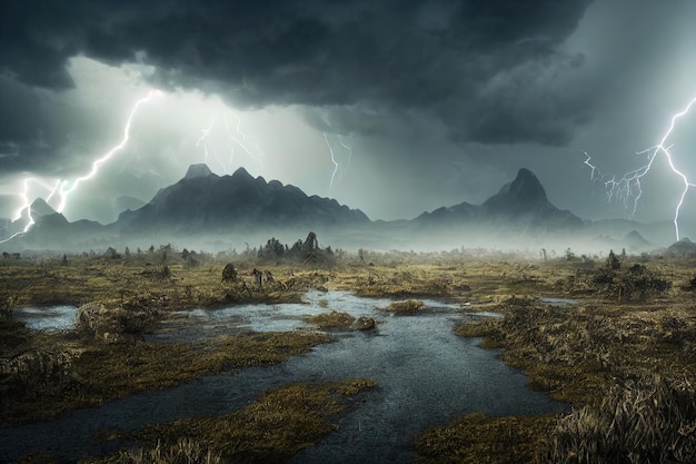 Swamp plains with dirt road winding through mountain background dramatic lighting with blue streaks of lightning in a cloudy dark sky digital illustration