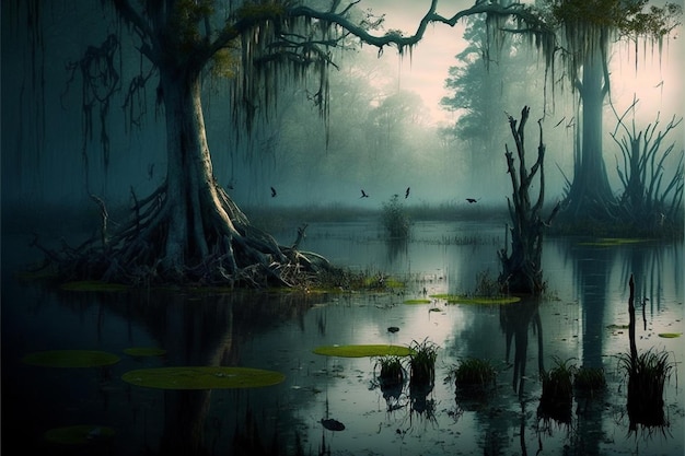 A swamp scene with a tree and a foggy sky