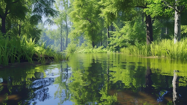 Swamp Swamp reflection tree clay bog frog mud reeds peat forest dirt green water stench lake silt water lily moss dampness slush whirlpool Generated by AI