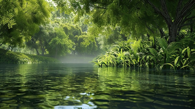 습지 습지 나무 진 습지 개구리 진 나무 숲 물 녹색 물 새 호수 진 물 릴리 모스 습기 슬러시 소용돌이 AI에 의해 생성