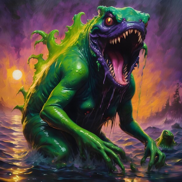 Photo swamp toad terrible river monster of poisonous green color with toothy mouth that appears in night