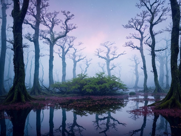 swamp with fog and dry trees