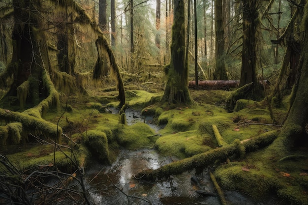 Swampy forest with mosscovered trees and hidden glades