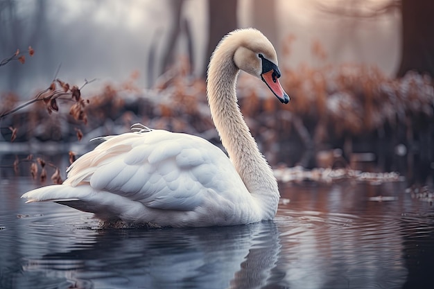 秋の湖の風景の中の白鳥