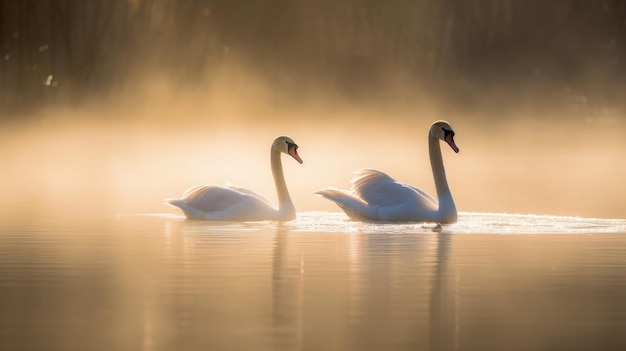 Swan couple on a lake in the morning ligh