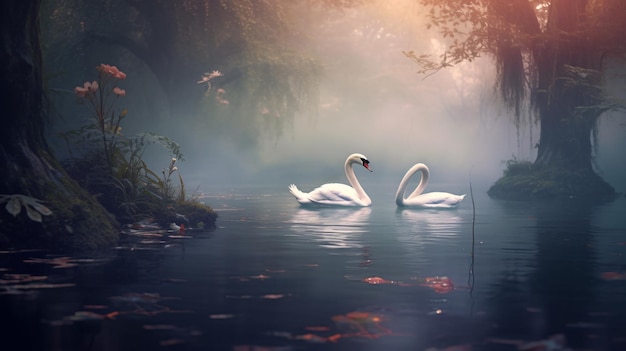 Swan couple on a lake in the morning ligh