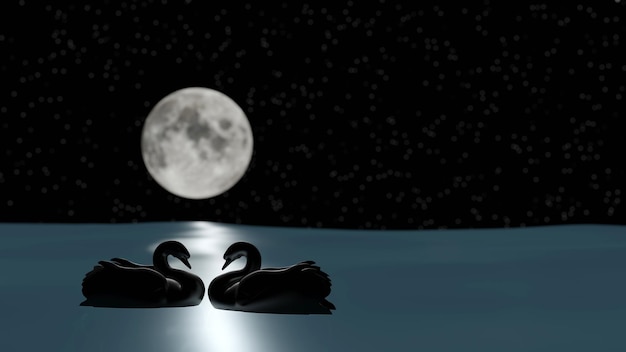 白鳥のクーポンが夜空に満月の湖で泳いでいます（3Dレンダリング）