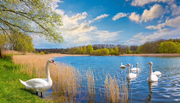 Foto un cigno scende in un lago dove altri uccelli stanno nuotando sul lago