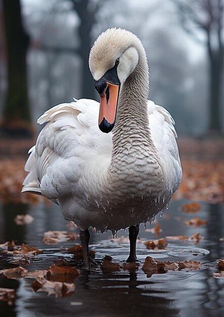 a swan is standing in a puddle of water with leaves on the ground