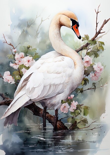 a swan is standing in a tree with flowers on it