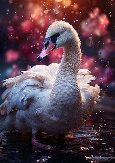 Photo a swan is standing in the water with the pink background