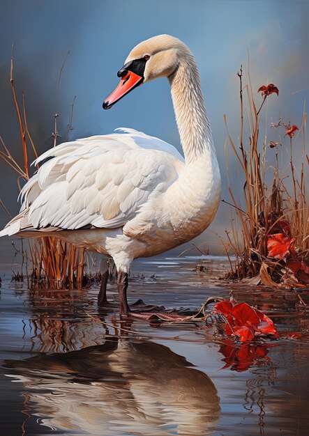 Photo a swan is standing in the water with a red beak