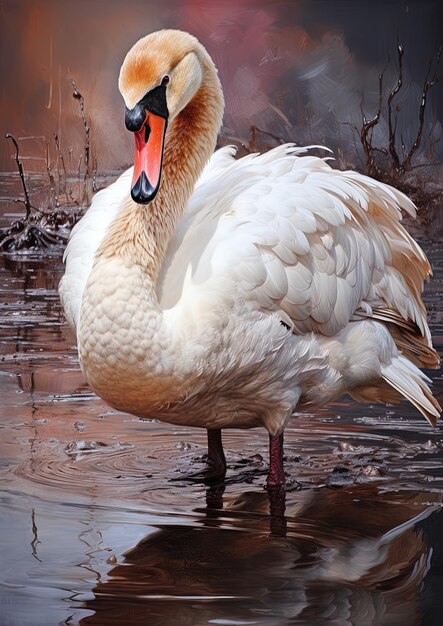 Photo a swan is standing in the water with a red beak