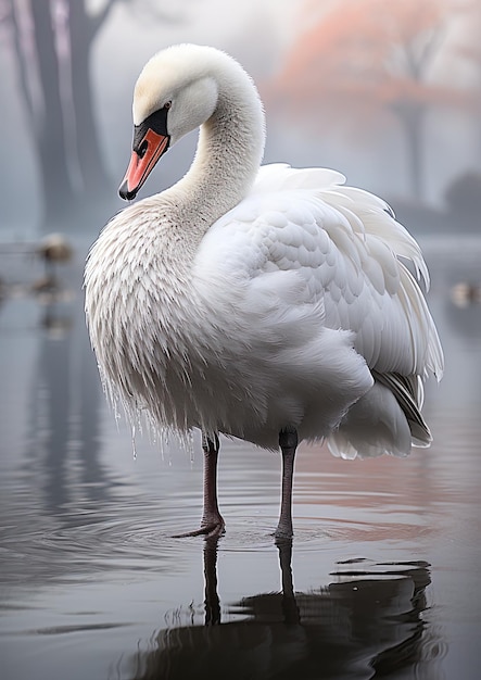 a swan is standing in the water with the word goose on it