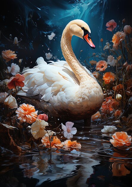 a swan is swimming in the water with flowers and the word swan