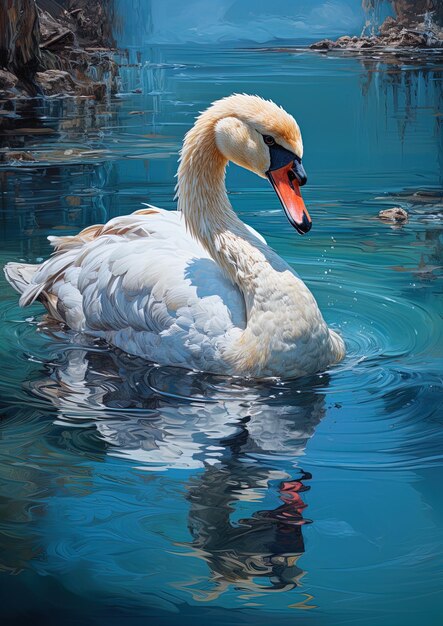 a swan is swimming in the water with its head down