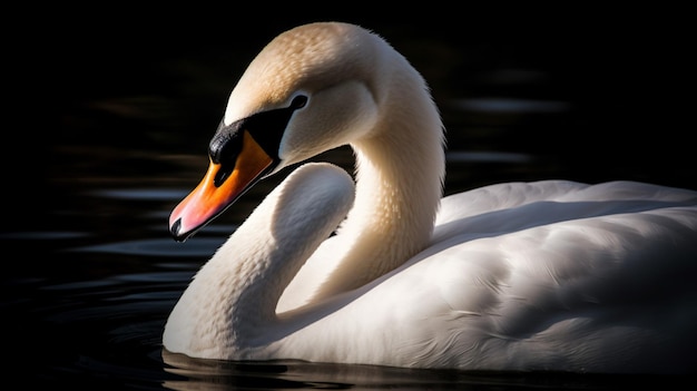 A swan is swimming in the water with the sun shining on it.