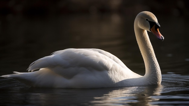 A swan is swimming in the water with the sun shining on it.