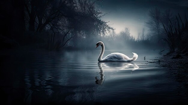 A swan on a lake with a foggy background