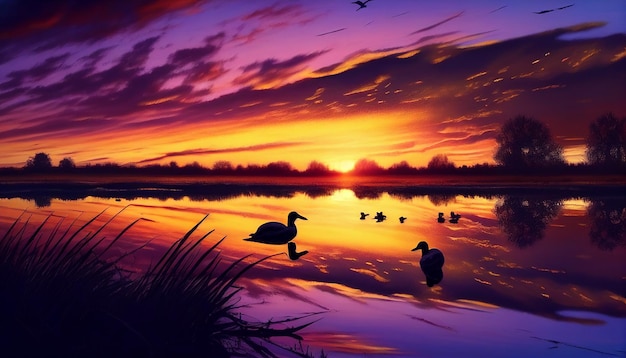 A swan on a lake with a sunset in the background