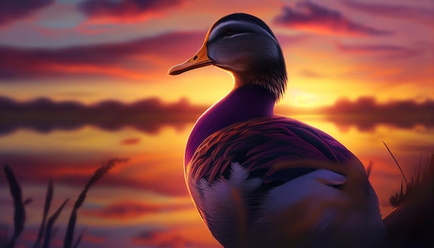 A swan on a lake with a sunset in the background