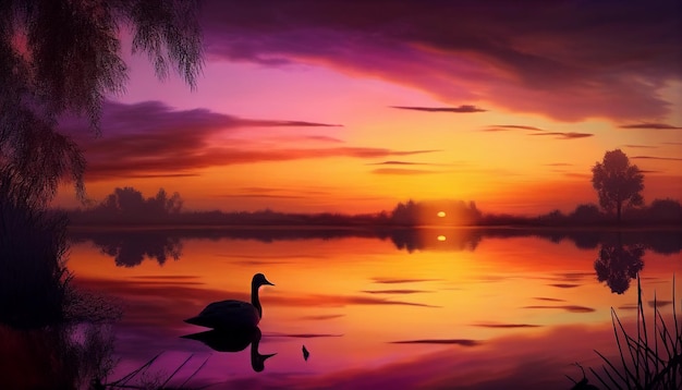 A swan on a lake with a sunset in the background