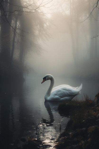 A swan in a misty forest with a foggy background