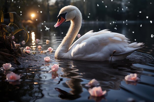 Swan sliding under full moon on serene lake generative IA