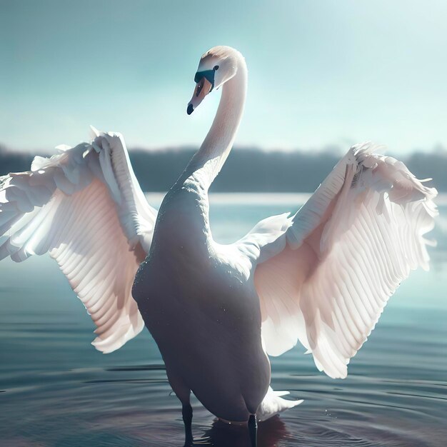 Swan standing in the lake wings spread in a winter sunny day