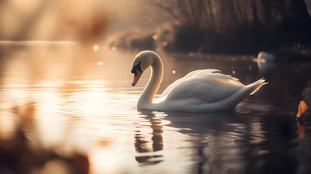 A swan swimming in a lake with the sun shining on it.