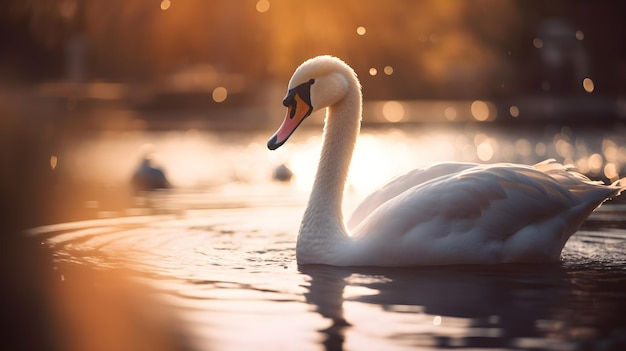 A swan swimming in a lake with the sun shining on it