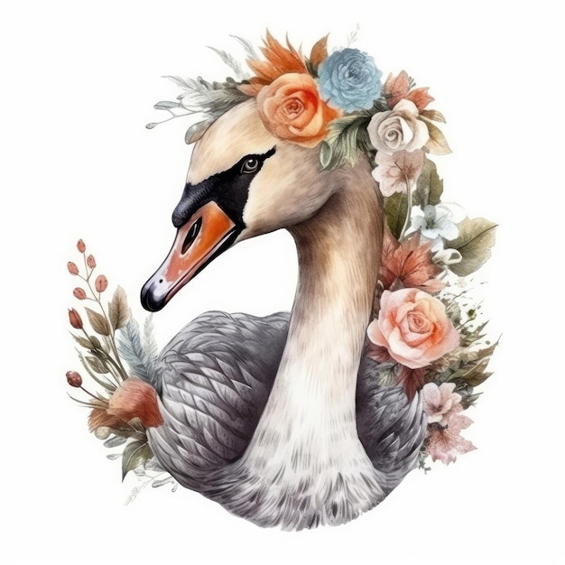 A swan with flowers on his head