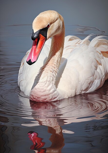 a swan with a long beak is swimming in the water