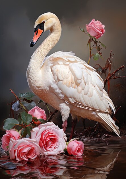 Photo a swan with a pink beak stands next to a rose