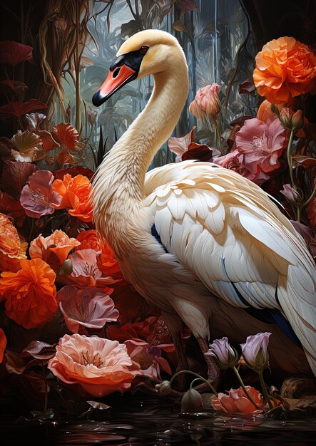 Photo a swan with a pink beak stands in a vase of flowers