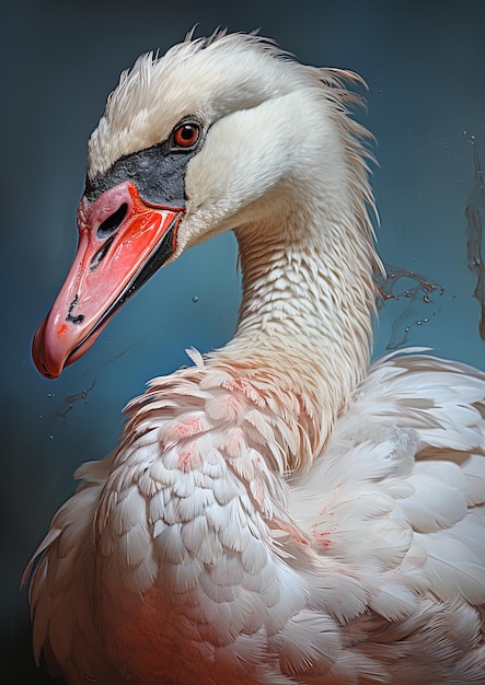 a swan with a red beak is in water