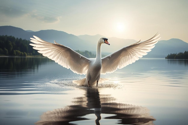 a swan with wings outstretched in the air