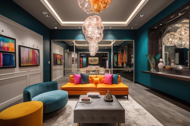 Swanky reception with sleek and modern decor accentuated by pops of color created with generative ai