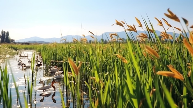 Swans and cygnets swimming in a lake in summer