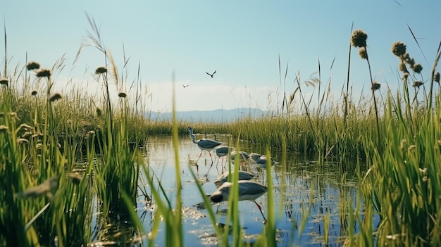 Swans and cygnets swimming in a lake in summer