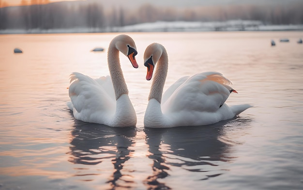 写真 夜明けのぼやけた湖で愛の心を形成する白鳥