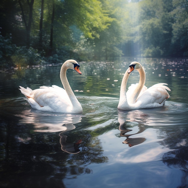 Swans swim in summer natural lake