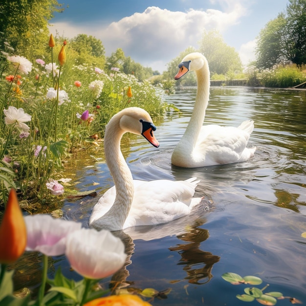 Swans swim in summer natural lake