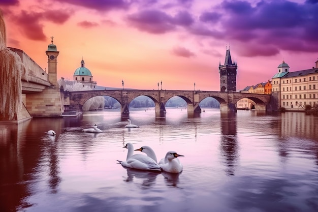 Swans on the water in prague