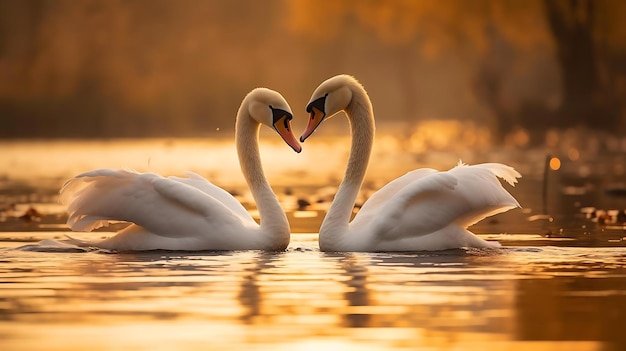 Foto cigni nell'acqua con il collo che forma un cuore